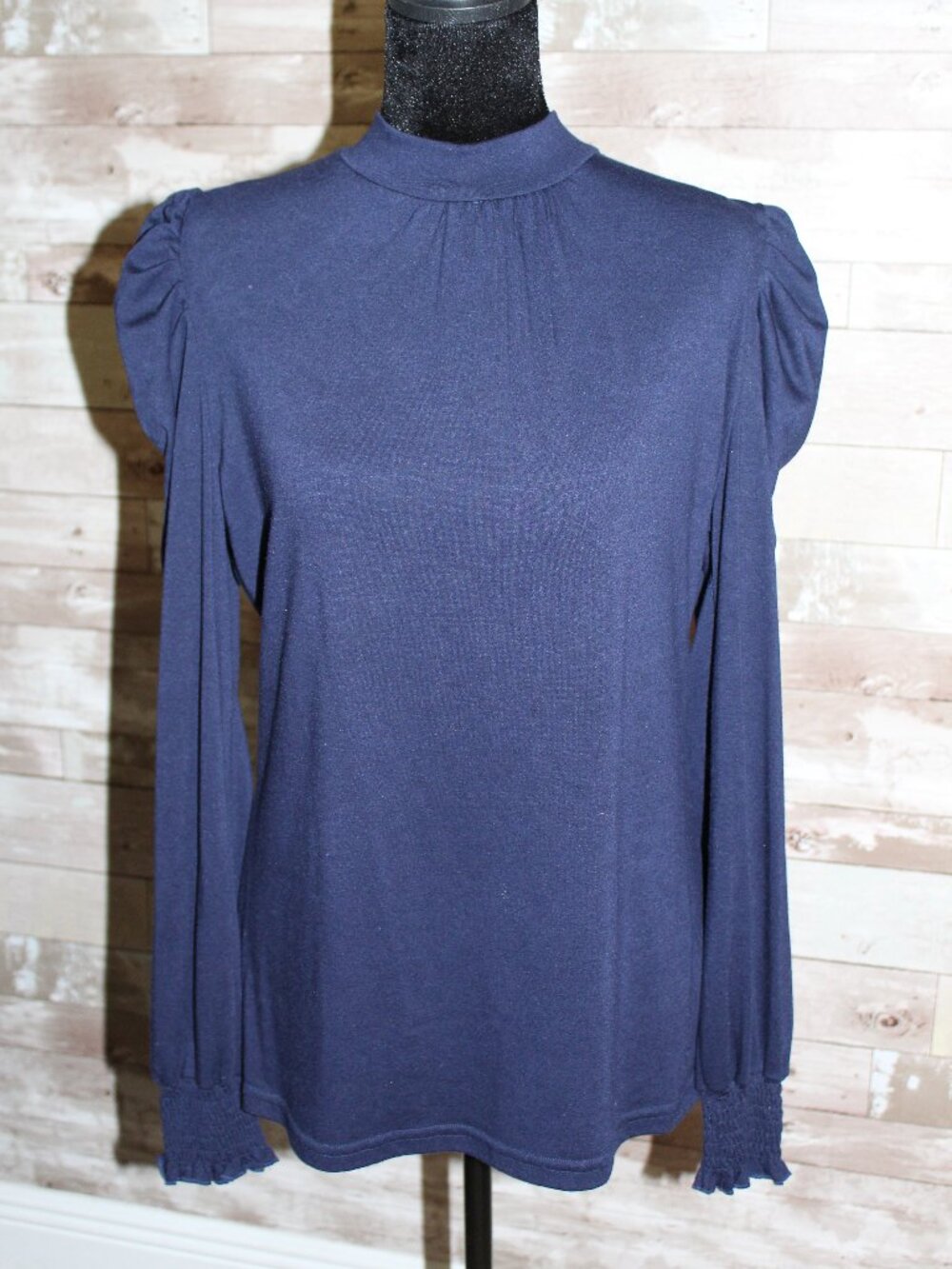 Simple Navy Blue Puffed Sleeve Mock Neck Comfortable Shirt Business Casual